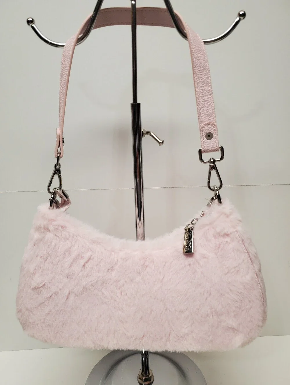 Von Dutch Light Pink Faux Fur Shoulder Bag with Charm Chain